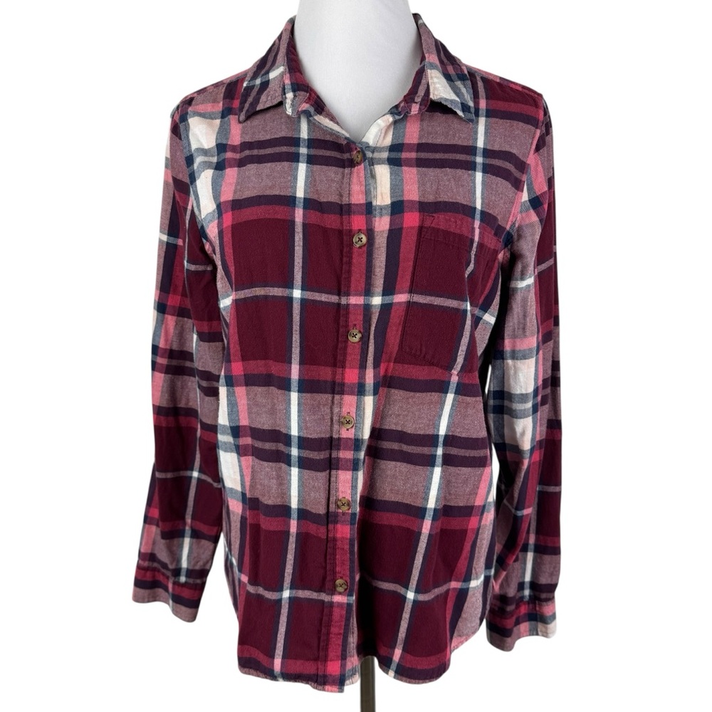 SO Perfect Shirt Plaid Button Down Long Sleeve Shirt Women's XL Burgundy Navy
